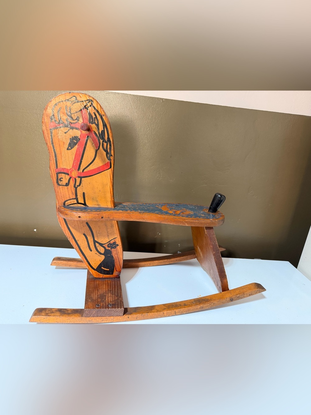 Vintage 1940’s Hand-Painted Wooden Rocking Horse - Orange and Blue